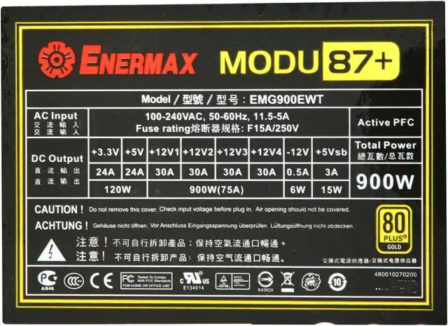 Alt view image 5 of 7 - ENERMAX MODU87+ EMG900EWT 900W (Peak 990W) ATX12V v2.3 / EPS12V SLI Ready CrossFire Ready 80 PLUS GOLD Certified Modular Active PFC Power Supply