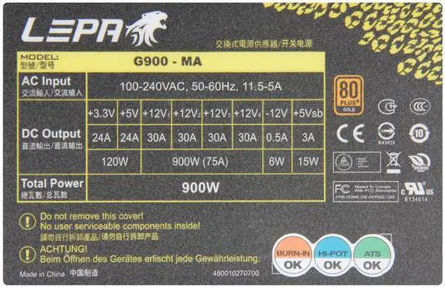 Alt view image 5 of 6 - LEPA G900-MA 900 W SLI Ready CrossFire Ready 80 PLUS GOLD Certified Modular Active PFC Power Supply