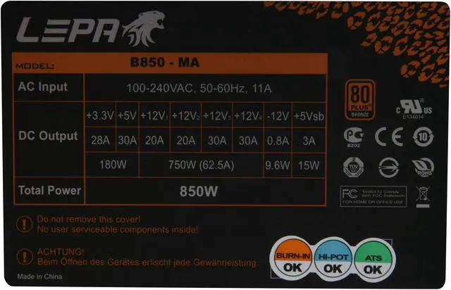 Alt view image 5 of 7 - LEPA B850-MA 850 W ATX12V SLI Ready CrossFire Ready 80 PLUS BRONZE Certified Modular Active PFC Power Supply