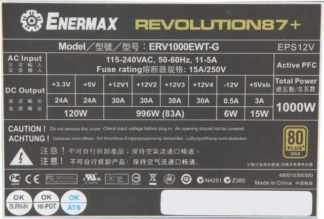 Alt view image 7 of 8 - Enermax Revolution87+ 80 Plus Gold 1000W, Semi Modular, Multi Rail, Power Supply, ERV1000EWT-G