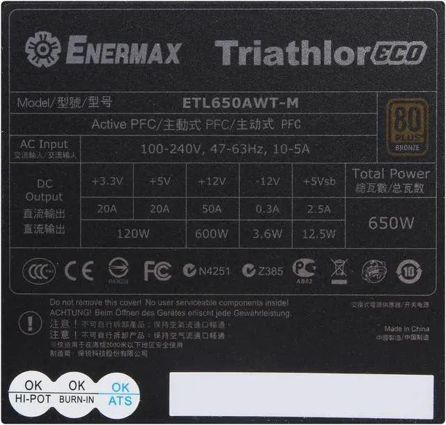 Alt view image 5 of 7 - ENERMAX TRIATHLOR ECO ETL650AWT-M 650W ATX12V / EPS12V SLI Ready CrossFire Ready 80 PLUS BRONZE Certified Hybrid Modular Active PFC Power Supply New 4th Gen CPU Certified Haswell Ready