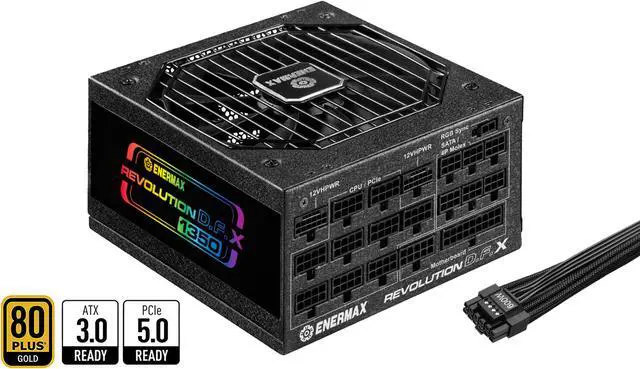 Main image of ENERMAX Revolution D.F. X 1350W Full Modular, 80 Plus Gold, ATX 3.0 & PCIe 5.0 Ready, Native 600W 12VHPWR Connector, Industrial- Grade 100% Japanese Capacitors, ARGB Side Panel Power Supply