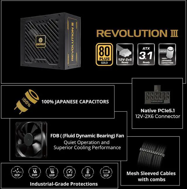 Alt view image 6 of 11 - ENERMAX REVOLUTION III 650 - Fully Modular PC Power Supply - 650 Watts - 80 Plus Gold - 450W 12V-2x6 Connector - 100% Japanese Capacitors - Sleeved Cables - 10 Year Warranty