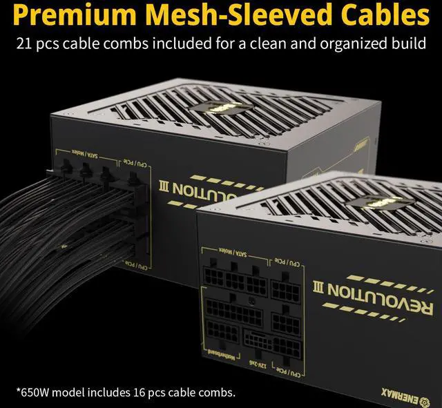 Alt view image 9 of 11 - ENERMAX REVOLUTION III 650 - Fully Modular PC Power Supply - 650 Watts - 80 Plus Gold - 450W 12V-2x6 Connector - 100% Japanese Capacitors - Sleeved Cables - 10 Year Warranty