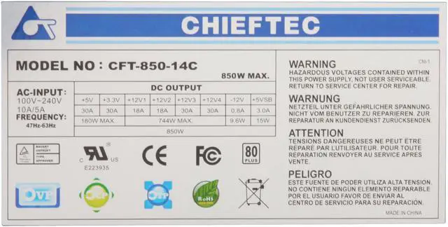 Alt view image 5 of 10 - CHIEFTEC Turbo CFT-850-14C 850 W ATX12V / EPS12V SLI Ready CrossFire Ready 80 PLUS Certified Modular Active PFC Power Supply