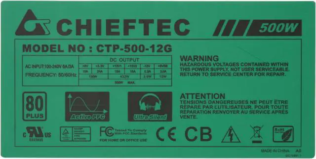 Alt view image 5 of 10 - CHIEFTEC GREEN CTP-500-12G 500 W ATX12V / EPS12V SLI Ready CrossFire Ready 80 PLUS Certified Active PFC Power Supply