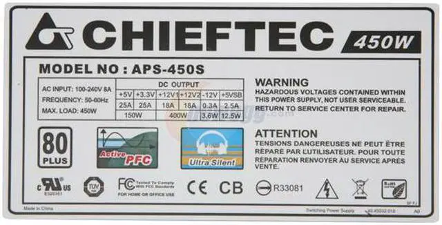 Alt view image 4 of 10 - CHIEFTEC A135 APS-450S 450 W ATX12V V2.2 80 PLUS Certified Active PFC Power Supply
