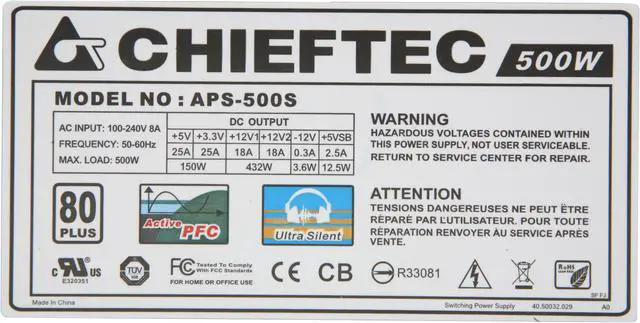 Alt view image 4 of 10 - CHIEFTEC A135 APS-500S 500 W ATX12V V2.2 80 PLUS Certified Active PFC Power Supply