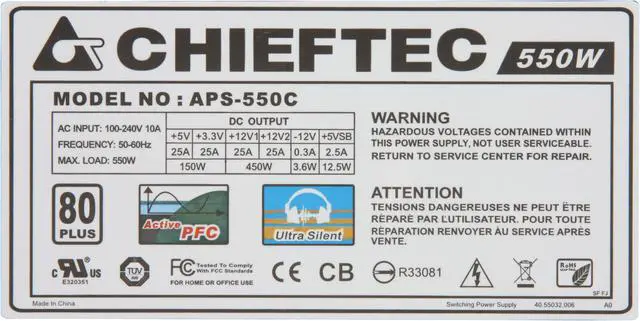 Alt view image 5 of 10 - CHIEFTEC A135 APS-550C 550 W ATX12V V2.2 80 PLUS Certified Modular Active PFC Power Supply