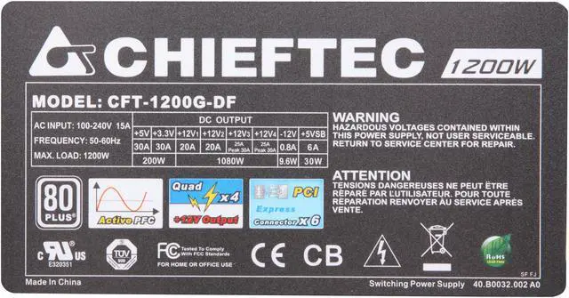 Alt view image 4 of 7 - CHIEFTEC CFT-1200G-DF 1200 W ATX 12V 2.3/EPS 12V 2.91 SLI Ready CrossFire Ready 80 PLUS Certified Modular Active PFC Power Supply