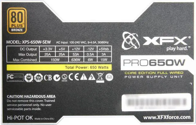 Alt view image 5 of 7 - XFX Core Edition PRO650W (P1-650S-CAB9) 650 W ATX12V v2.2 & ESP12V v2.91 SLI Certified CrossFire Ready 80 PLUS BRONZE Certified Active PFC Power Supply