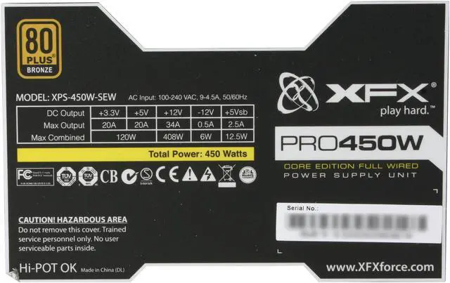 Alt view image 5 of 7 - XFX Core Edition PRO450W (P1-450S-XXB9) 450 W ATX12V 2.2 & ESP12V 2.91 SLI Ready CrossFire Ready 80 PLUS BRONZE Certified Active PFC Power Supply