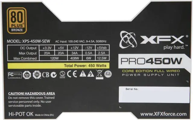 Alt view image 5 of 7 - XFX ProSeries P1-450S-X2B9 450 W ATX12V / EPS12V SLI Ready CrossFire Ready 80 PLUS BRONZE Certified Active PFC Core Edition V2 Full Wired Power Supply