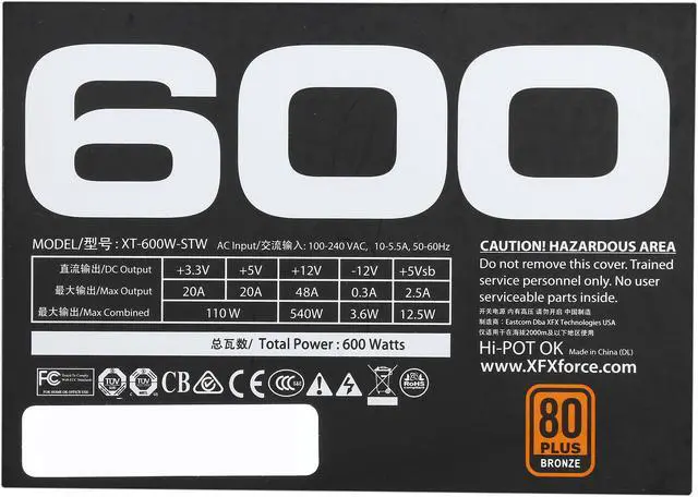 Alt view image 6 of 7 - XFX XT Series P1-600B-XTFR 600 W ATX12V SLI Ready CrossFire Ready 80 PLUS BRONZE Certified Active PFC Power Supply