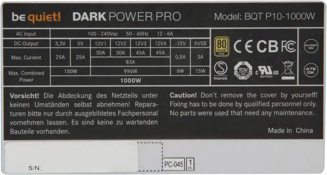 Alt view image 6 of 8 - be quiet DARK POWER PRO 10 BN604 1000 W ATX12V / EPS12V SLI Certified CrossFire Ready 80 PLUS GOLD Certified Modular Active PFC PFC SLI CrossFire 80 PLUS GOLD Certified Modular 1000W ATX 12V v2.3 / EPS 12V v2.92 Power Supply