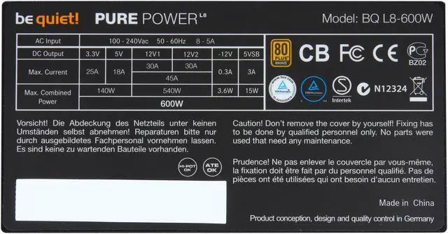 Alt view image 5 of 7 - be quiet! PURE POWER L8 600W ATX 12V 80 Plus Bronze CrossFireX Power Supply Exclusive 120mm Fan
