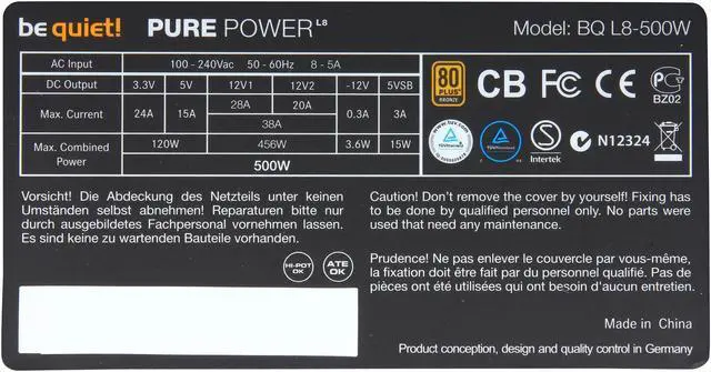 Alt view image 5 of 7 - be quiet! PURE POWER L8 500W ATX 12V 80 Plus Bronze Power Supply Exclusive 120mm Fan
