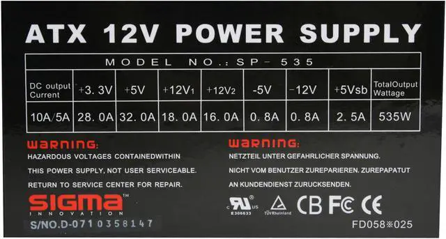 Alt view image 5 of 9 - SIGMA Power Engine SP-535 535 W ATX12V V2.01 Power Supply