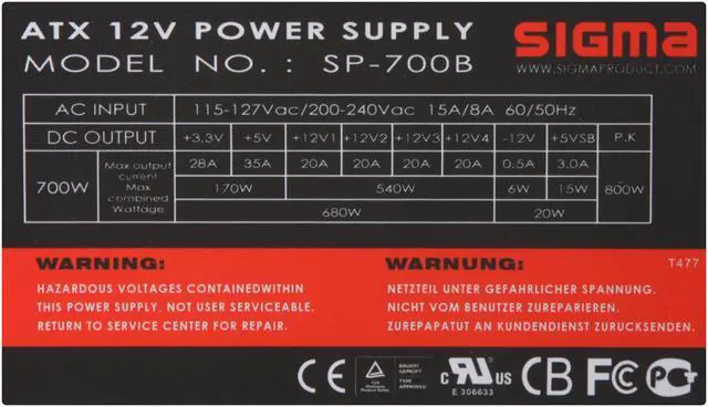 Alt view image 5 of 9 - SIGMA FOCUS SP700B 700W (800W Peak) ATX12V Power Supply