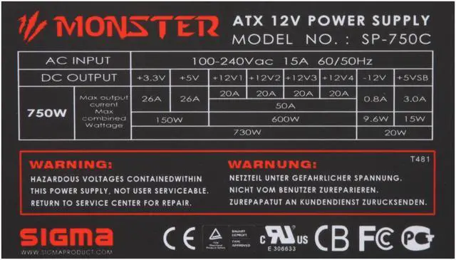 Alt view image 6 of 10 - SIGMA MONSTER SP750C 750W Continuous @ 40°C ATX12V 2.2V / EPS12V 2.91 SLI Ready CrossFire Ready Modular Active PFC Power Supply