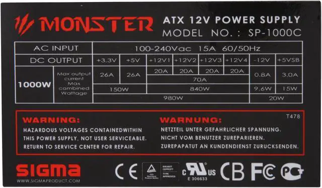 Alt view image 6 of 10 - SIGMA MONSTER SP1000C 1000W Continuous @ 40°C ATX12V 2.2V / EPS12V 2.91 SLI Ready CrossFire Ready Modular Active PFC Power Supply