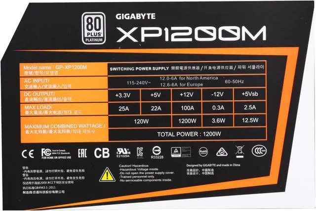Alt view image 6 of 7 - GIGABYTE XP1200M 1200 W Intel Form Factor ATX 12V v2.31 SLI CrossFire 80 PLUS PLATINUM Certified Full Modular Active PFC (>0.9 typical) PFC Power Supply