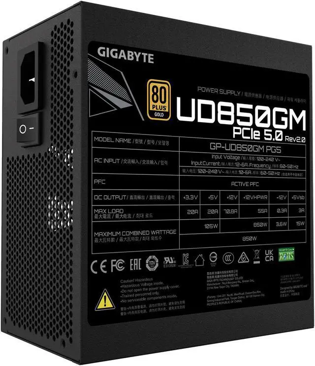 Alt view image 6 of 7 - GIGABYTE GP-UD850GM PG5 Rev2.0 - PCIe5.0 Ready - ATX3.0 - 850W 80 Plus Gold Certified - Fully Modular Power Supply