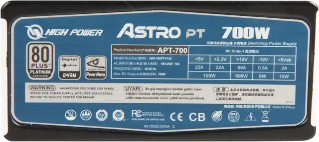 Alt view image 5 of 7 - HighPower Astro PT 700W, Digital, 80+ Platinum, Single +12 Rails, SLI/Cross Fire ready, Module, Active PFC Power Supply