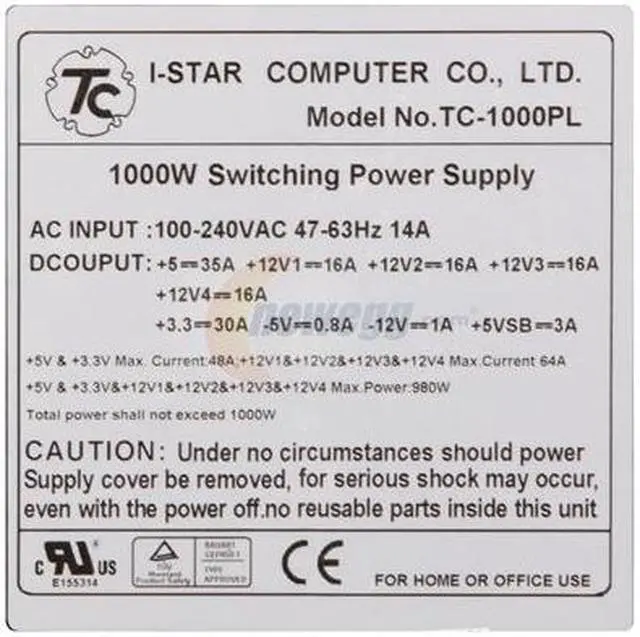 Alt view image 4 of 6 - DYNAPOWER USA TC-1000PL 24Pin 1000W Single Server Power Supply