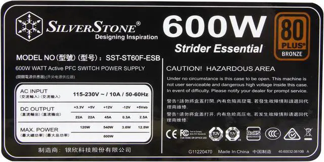 Alt view image 5 of 7 - SilverStone Strider Essential ST60F-ESB 600 W ATX12V / EPS12V SLI Ready CrossFire Ready 80 PLUS BRONZE Certified Active PFC Power Supply