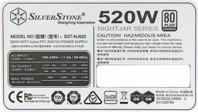 Alt view image 5 of 6 - SILVERSTONE Tek Nightjar NJ520 520W Completely Fanless ATX12V / EPS12V 80 PLUS PLATINUM Certified Full Modular Active PFC Power Supply with Zero dBA Acoustics