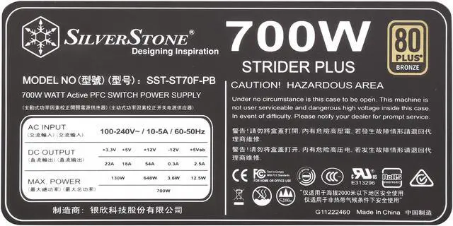 Alt view image 6 of 7 - SilverStone ST70F-PB 700 W ATX12V / EPS12V 80 PLUS BRONZE Certified Full Modular Active PFC Power Supply