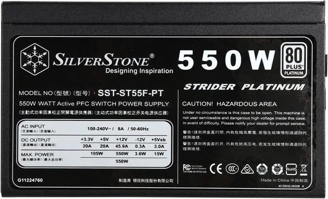 Alt view image 7 of 7 - SilverStone Strider Platinum series PS-ST55F-PT 550 W ATX12V / EPS12V 80 PLUS PLATINUM Certified Full Modular Active PFC Power Supply