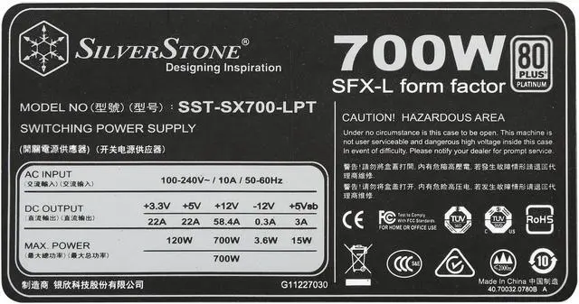 Alt view image 6 of 6 - SilverStone SX700-LPT 700W (Peak 750W) SFX-L 80 PLUS PLATINUM Certified Active PFC(PF>0.95 at full load) PFC Power Supply