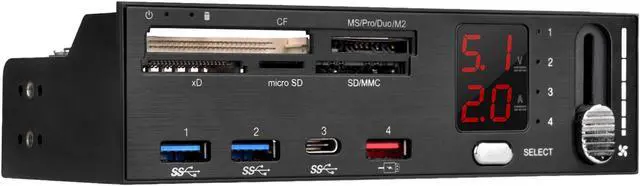 Alt view image 2 of 20 - SilverStone SST-FP59B Aluminum / Plastic 5.25" Black USB 3.1 Gen 1 (5Gbps) (Compatible with USB 2.0 / 1.1)
USB Ports:
USB 3.1 Gen 1 Type-C x 1, Type-A x 2
USB Type-A with dedicated charging port x 1, up to 5V/2A
Media card support:
SD / S
