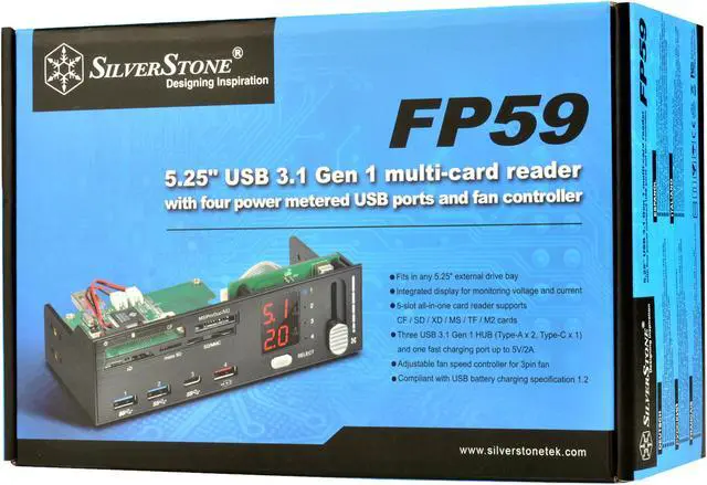 Alt view image 20 of 20 - SilverStone SST-FP59B Aluminum / Plastic 5.25" Black USB 3.1 Gen 1 (5Gbps) (Compatible with USB 2.0 / 1.1)
USB Ports:
USB 3.1 Gen 1 Type-C x 1, Type-A x 2
USB Type-A with dedicated charging port x 1, up to 5V/2A
Media card support:
SD / S