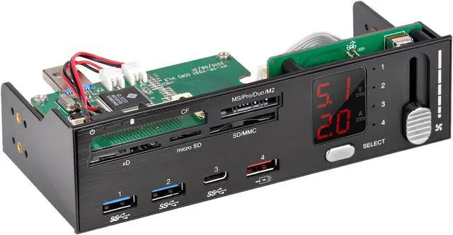 Alt view image 4 of 20 - SilverStone SST-FP59B Aluminum / Plastic 5.25" Black USB 3.1 Gen 1 (5Gbps) (Compatible with USB 2.0 / 1.1)
USB Ports:
USB 3.1 Gen 1 Type-C x 1, Type-A x 2
USB Type-A with dedicated charging port x 1, up to 5V/2A
Media card support:
SD / S