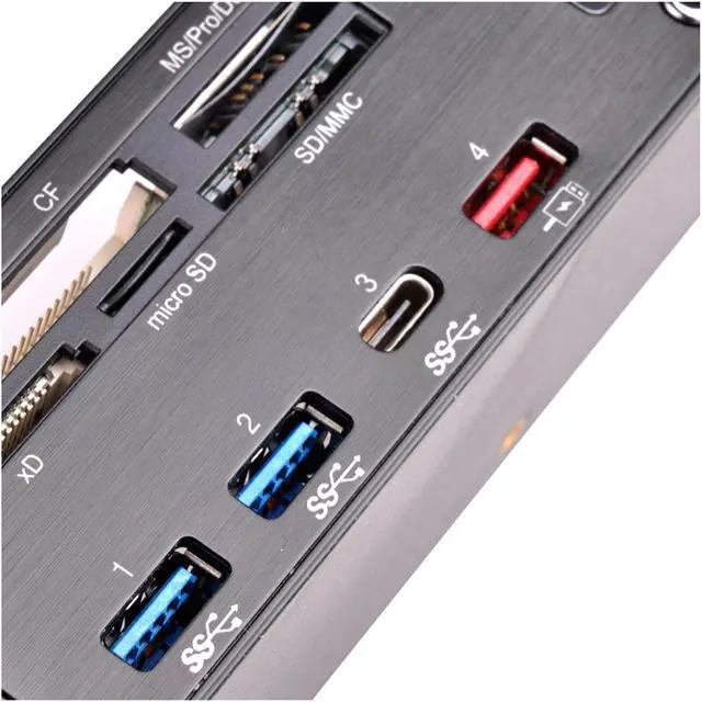 Alt view image 11 of 20 - SilverStone SST-FP59B Aluminum / Plastic 5.25" Black USB 3.1 Gen 1 (5Gbps) (Compatible with USB 2.0 / 1.1)
USB Ports:
USB 3.1 Gen 1 Type-C x 1, Type-A x 2
USB Type-A with dedicated charging port x 1, up to 5V/2A
Media card support:
SD / S