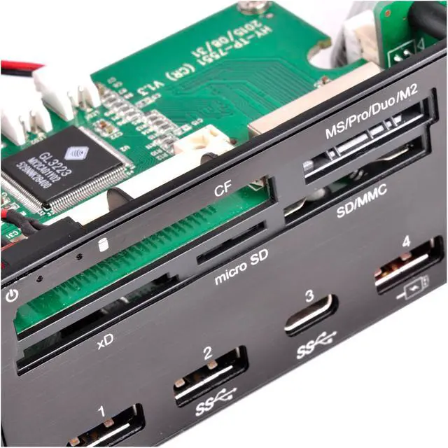 Alt view image 10 of 20 - SilverStone SST-FP59B Aluminum / Plastic 5.25" Black USB 3.1 Gen 1 (5Gbps) (Compatible with USB 2.0 / 1.1)
USB Ports:
USB 3.1 Gen 1 Type-C x 1, Type-A x 2
USB Type-A with dedicated charging port x 1, up to 5V/2A
Media card support:
SD / S