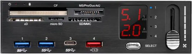 Main image of SilverStone SST-FP59B Aluminum / Plastic 5.25" Black USB 3.1 Gen 1 (5Gbps) (Compatible with USB 2.0 / 1.1)
USB Ports:
USB 3.1 Gen 1 Type-C x 1, Type-A x 2
USB Type-A with dedicated charging port x 1, up to 5V/2A
Media card support:
SD / S