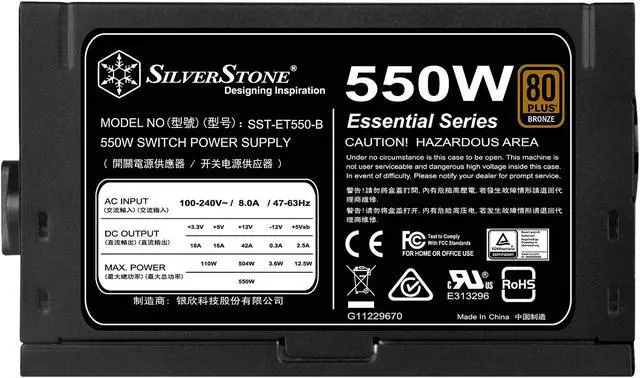 Alt view image 6 of 10 - SilverStone Essential Series SST-ET550-B 550 W ATX12V v2.4 80 PLUS BRONZE Certified Active PFC(PF > 0.9 at full load) PFC Power Supply