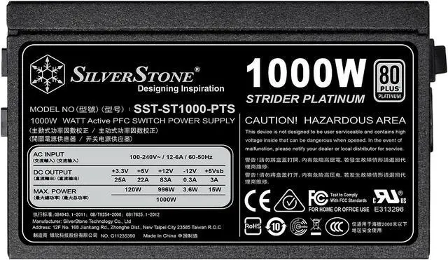 Alt view image 4 of 7 - SilverStone Strider Platinum series SST-ST1000-PTS 1000 W ATX12V 80 PLUS PLATINUM Certified Full Modular Active PFC Power Supply