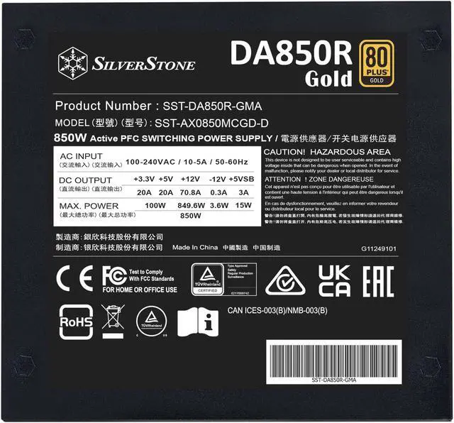 Alt view image 6 of 12 - SilverStone DA850R-GMA 850 W ATX 3.0 Compatible 80 PLUS GOLD Certified Full Modular Active PFC (PF>0.9 at full load) PFC Power Supply