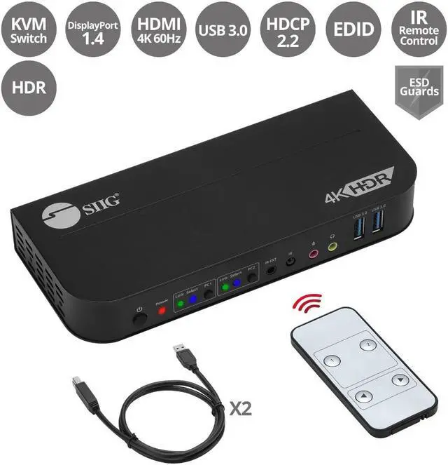 Main image of SIIG CE-KV0C11-S1 2x1 DisplayPort 4K KVM USB 3.0 Switch with Remote Control