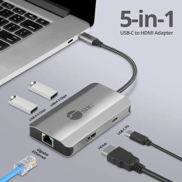 Alt view image 3 of 6 - SIIG USB-C to HDMI with LAN Hub & PD Charging Adapter - HDMI 4K@30Hz, two USB-A 5Gbps, GbE, PD100W - Space Gray JU-H30L11-S1