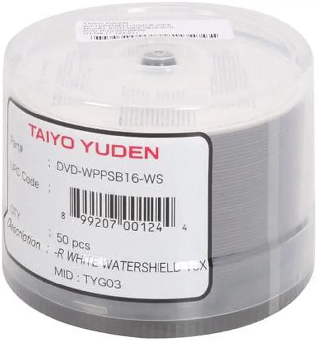 Main image of TAIYO YUDEN 4.7GB 16X DVD-R Water Shield White Inkjet Hub Printable 50 Packs Spindle Disc Model DVD-WPPSB16-WS