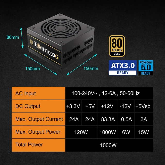 Alt view image 12 of 20 - Gamdias HELIOS P2-1000G 1000 W ATX 3.1 Compatible 80 PLUS GOLD Certified Full Modular APFC with PF value of 0.99 PFC Power Supply