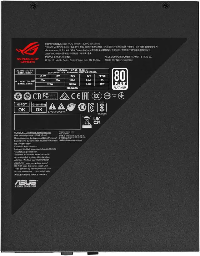 Alt view image 6 of 18 - ASUS ROG Thor 1200W Platinum II (1200 Watt, Fully Modular Power Supply, 80+ Platinum, Lambda A++ Certified, ROG heatsinks, 135mm PWM fan, 0dB Mode, OLED Panel, Sleeved Cables, Aura Sync)