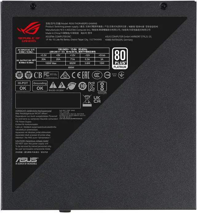 Alt view image 5 of 16 - ASUS ROG Thor 850W Platinum II (850Watt, Fully Modular Power Supply, 80+ Platinum, Lambda A++ Certified, ROG heatsinks, 135mm PWM fan, 0dB Mode, OLED Panel, Sleeved Cables, Aura Sync)