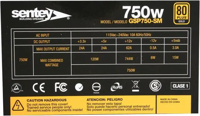 Alt view image 5 of 7 - Sentey Golden Steel Power GSP750-SM 750 W ATX 12V v2.2 & EPS 12V v 2.91 SLI Ready CrossFire Ready 80 PLUS GOLD Certified Modular Active PFC Power Supply